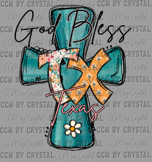 God Bless Texas Cross Ready to Press Transfer DTF Transfer Sublimation Transfer