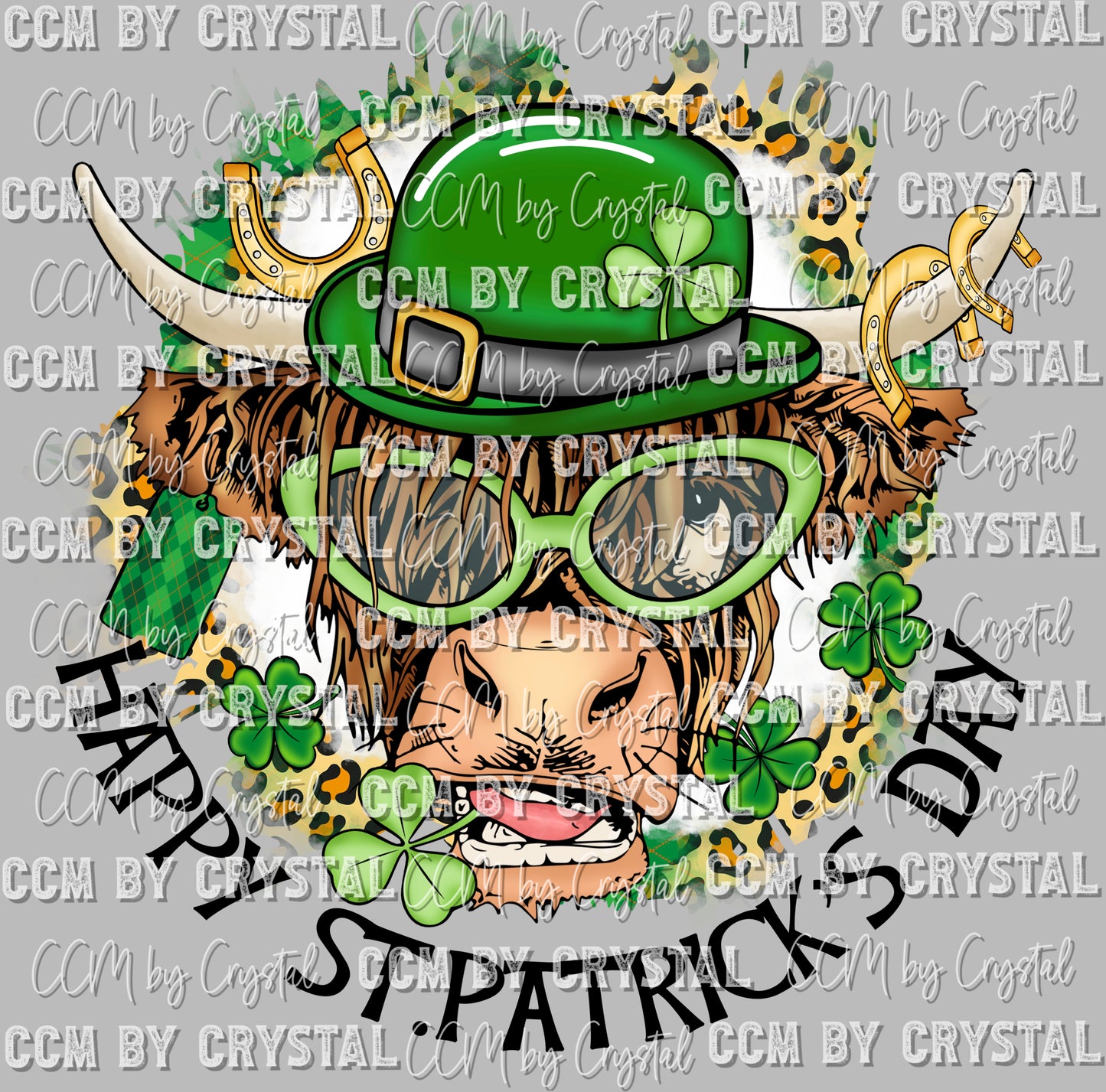 Highland Cow with Glasses St. Patrick's Day Ready to Press Transfer DTF Sublimation