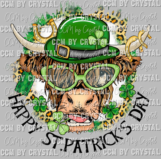Highland Cow with Glasses St. Patrick's Day Ready to Press Transfer DTF Sublimation