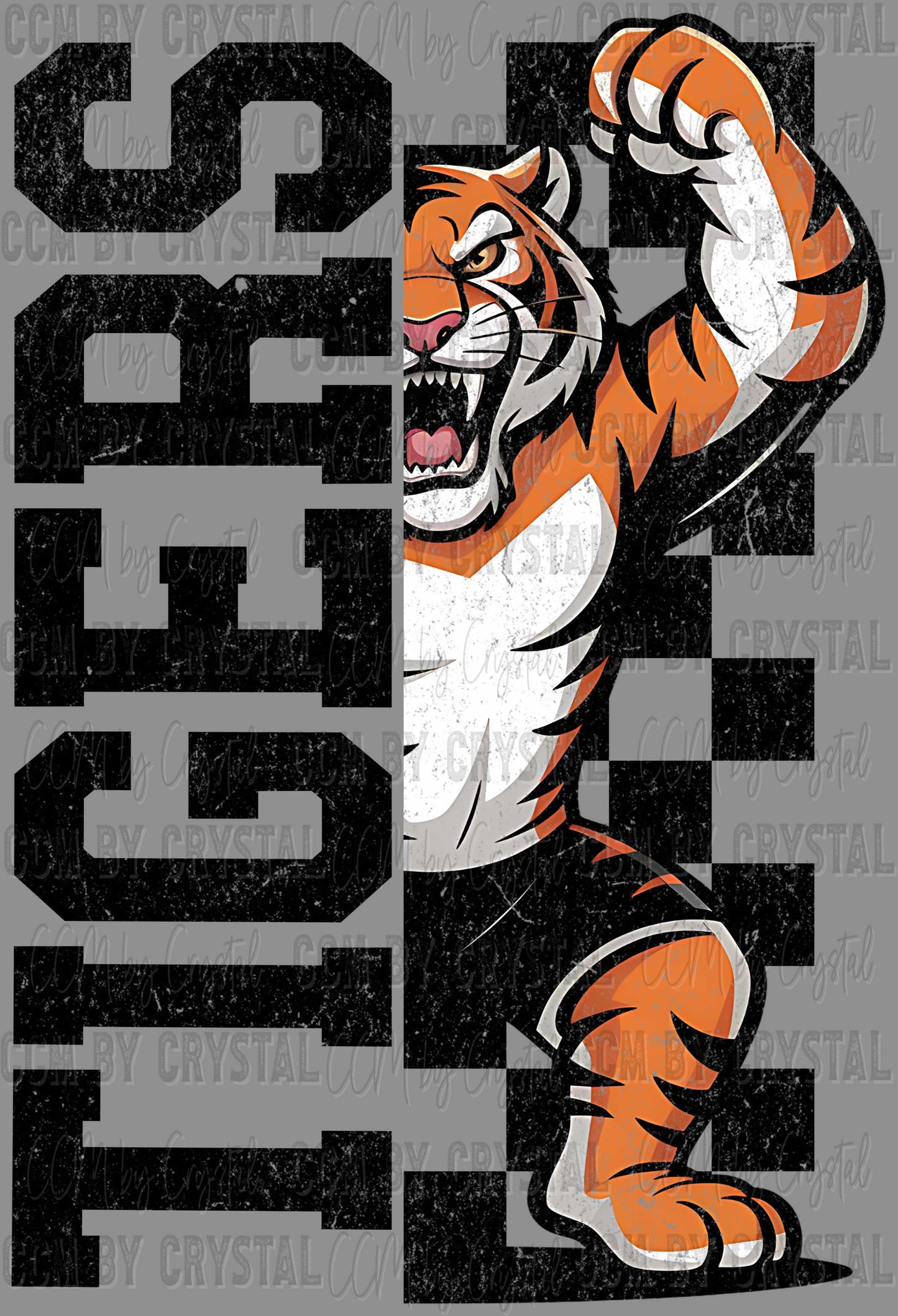 Tigers Grunge Checkered Sports Mascot Ready to Press Transfer DTF Transfer Sublimation Transfer
