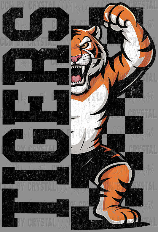 Tigers Grunge Checkered Sports Mascot Ready to Press Transfer DTF Transfer Sublimation Transfer