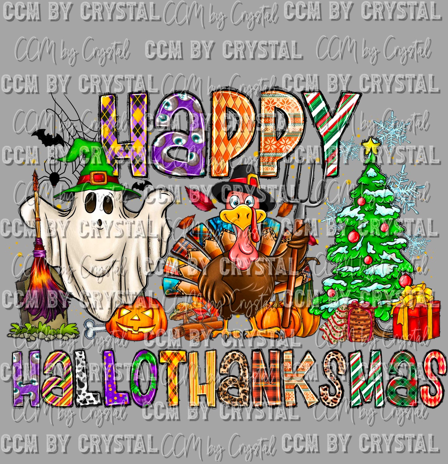 Happy Hallowthanksmas Halloween Thanksgiving Christmas Fall Ready to Press Transfer DTF Transfer Sublimation Transfer