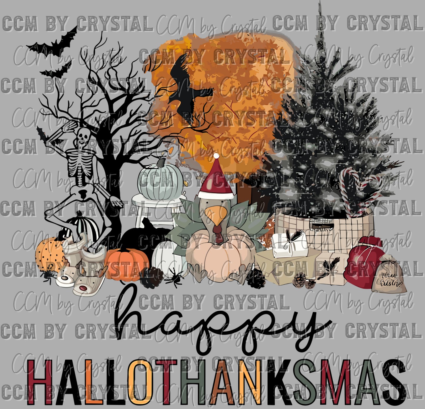 Happy Hallothanksmas Black Ready to Press Transfer DTF Transfer Sublimation Transfer