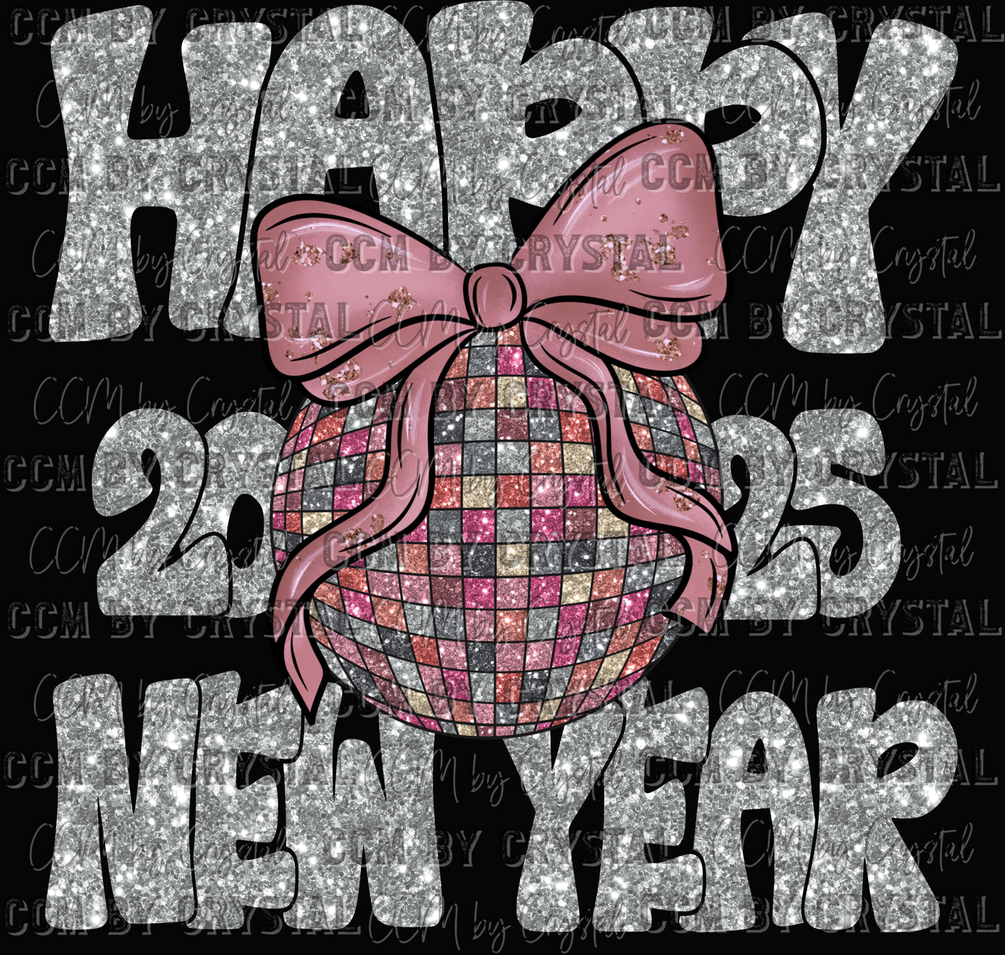 Happy New Year 2025 Faux Glitter Silver Ready to Press Transfer DTF Transfer Sublimation Transfer