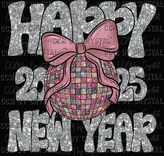 Happy New Year 2025 Faux Glitter Silver Ready to Press Transfer DTF Transfer Sublimation Transfer