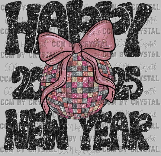 Happy New Year 2025 Faux Glitter Silver Ready to Press Transfer DTF Transfer Sublimation Transfer