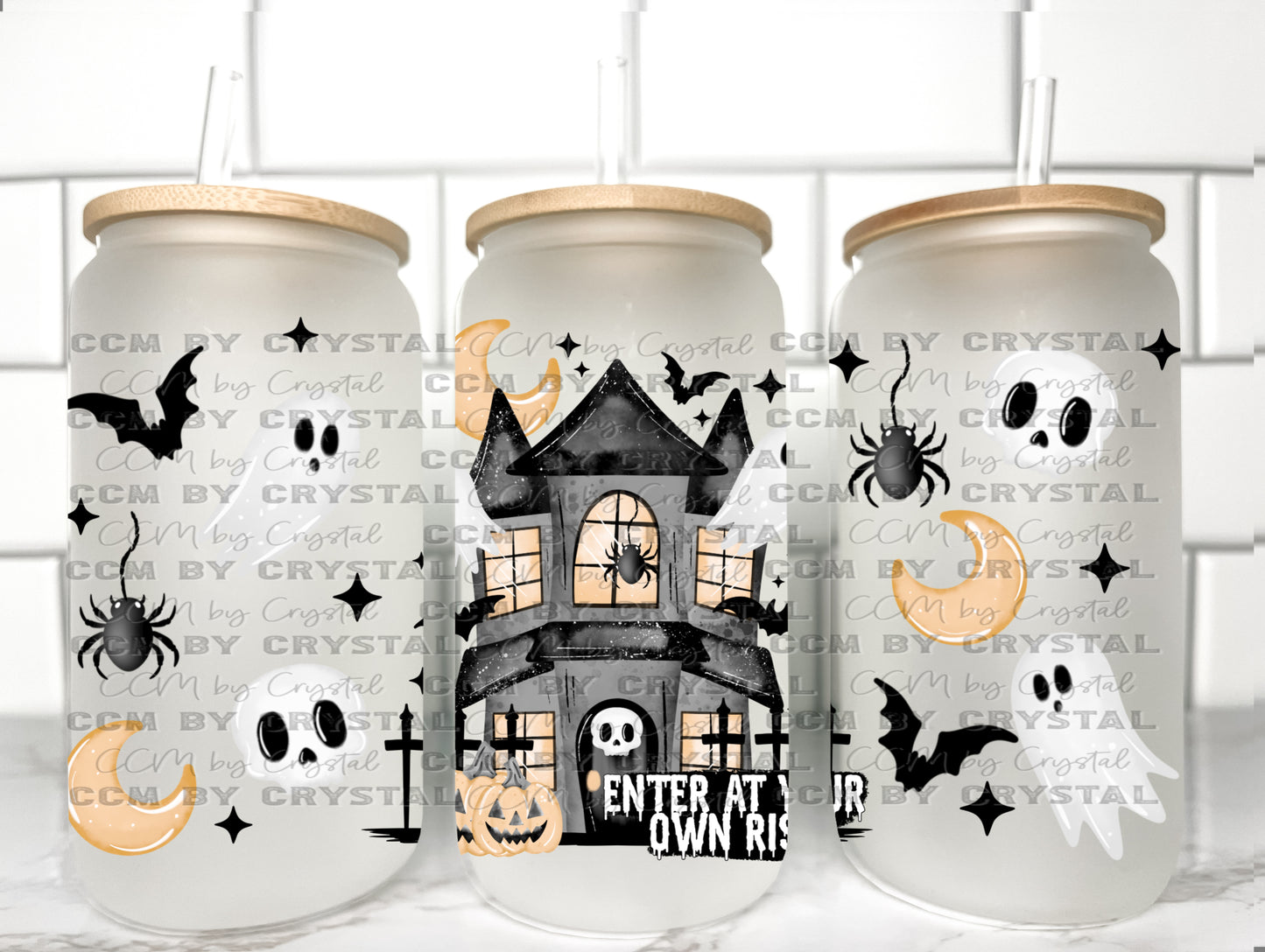 Haunted House Halloween UV Transfer 16oz Libby Glass Can Wrap Ready to Apply