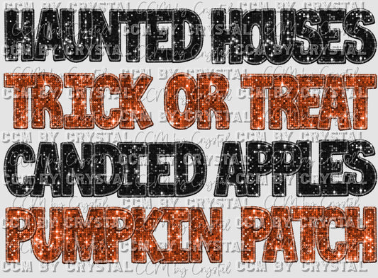 Haunted Houses Trick or Treat Candied Apples Pumpkin Faux Sequins Faux Embroidery Ready to Press Transfer