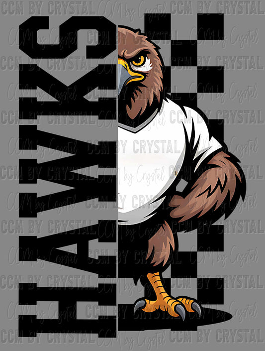 Hawks Checkered Sports Mascot Ready to Press Transfer DTF Transfer Sublimation Transfer