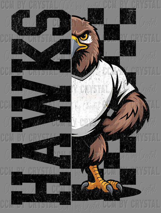 Hawks Grunge Checkered Sports Mascot Ready to Press Transfer DTF Transfer Sublimation Transfer