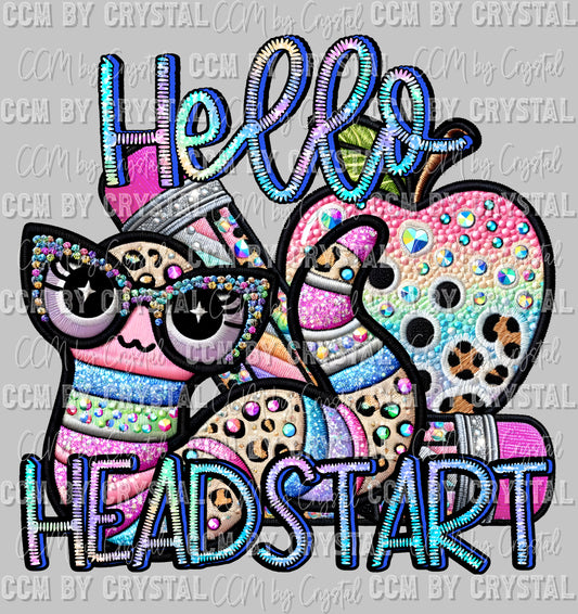 Back to School Hello Headstart Faux Rhinestone Effect Ready to Press Transfer DTF Transfer Sublimation Transfer