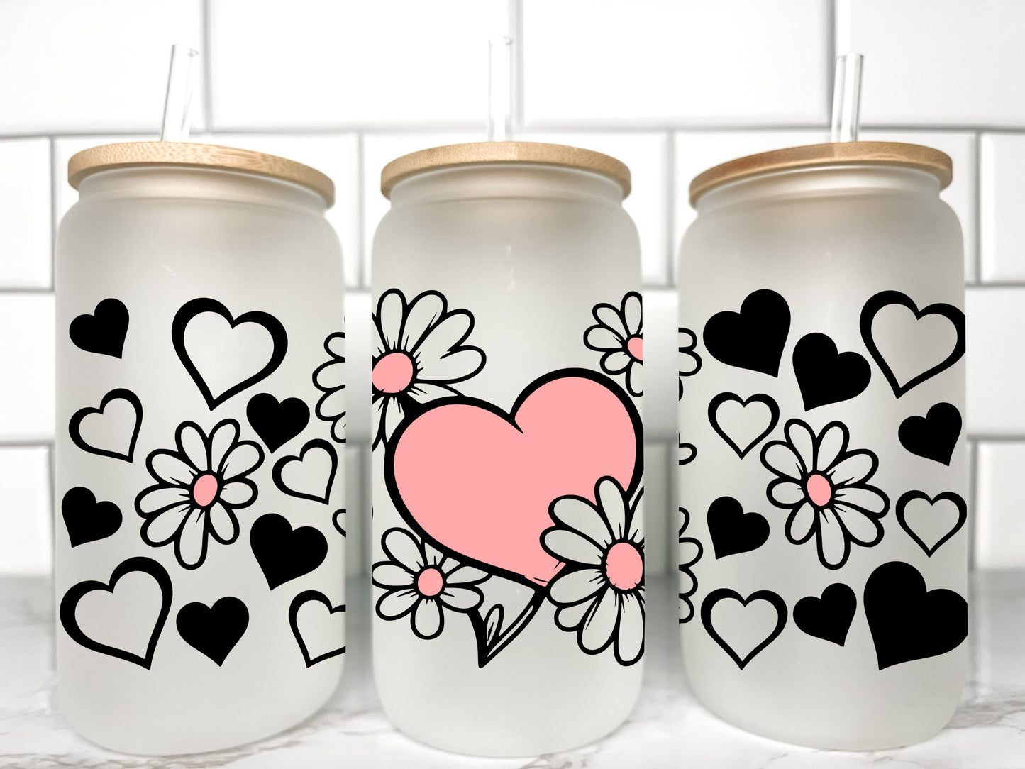 Hearts Valentines Day UV DTF Transfer 16oz Libby Glass Can Wrap Ready to Apply