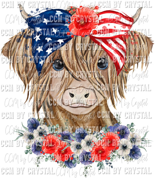 Highland Cow Fourth of July Patriotic Flag Ready to Press Transfer