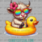 Highland Cow in a Duck Floatie Summer Summertime Ready to Press Transfer DTF Transfer Sublimation Transfer