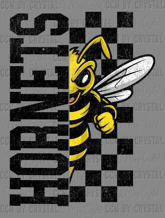 Hornets Grunge Checkered Sports Mascot Ready to Press Transfer DTF Transfer Sublimation Transfer