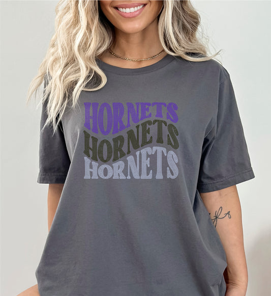 Hornets Wavy Stacked 11" 3-Color Ready to Press Spangle Transfer Bling Transfer Sparkle Transfer