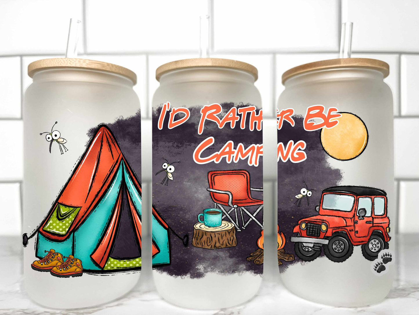 I'd Rather Be Camping UV DTF Transfer 16oz Libby Glass Can Wrap Ready to Apply