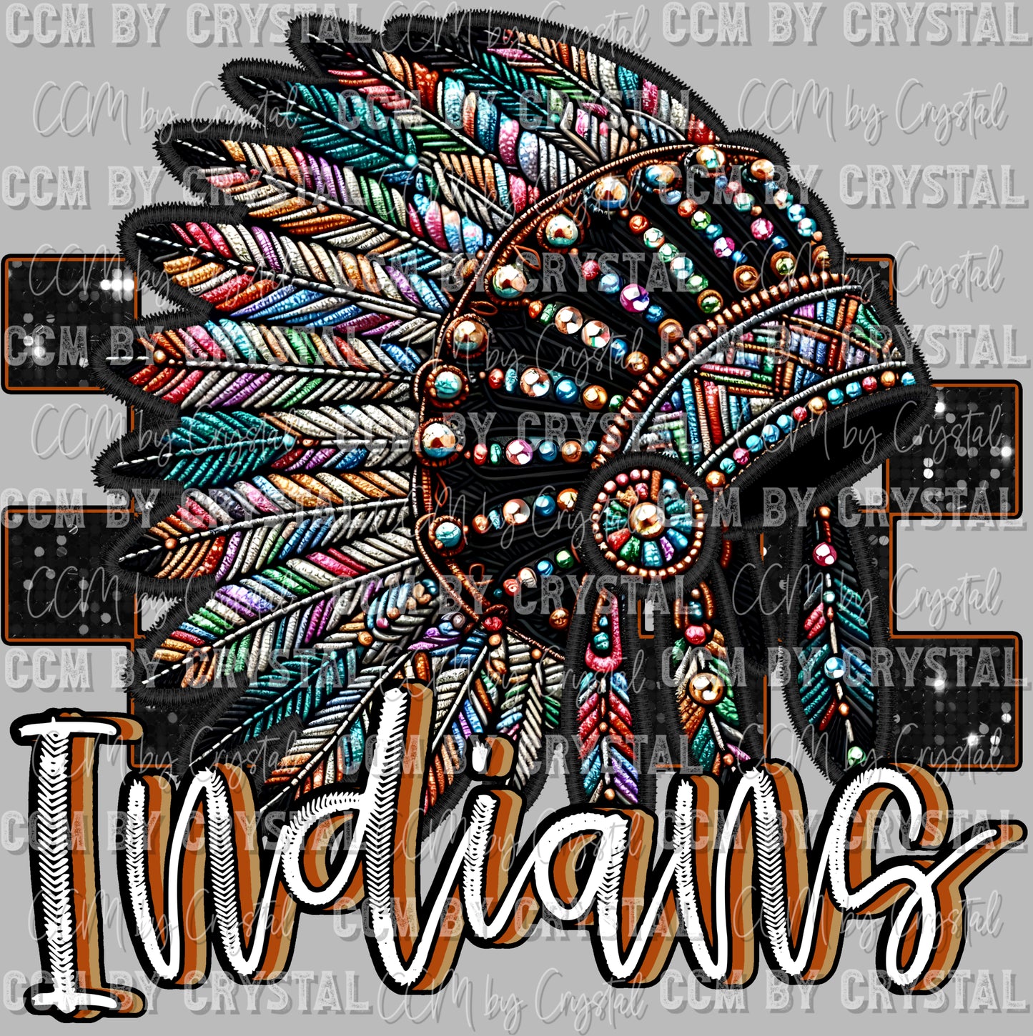 Indians Mascot Faux Rhinestone Effect Ready to Press Transfer DTF Transfer Sublimation Transfer