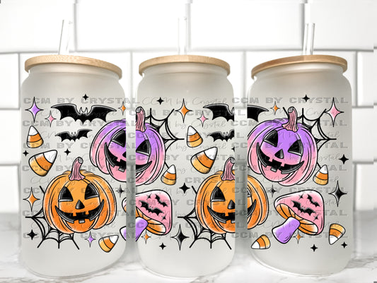 Colorful Jack-O-Lantern Halloween UV Transfer 16oz Libby Glass Can Wrap Ready to Apply