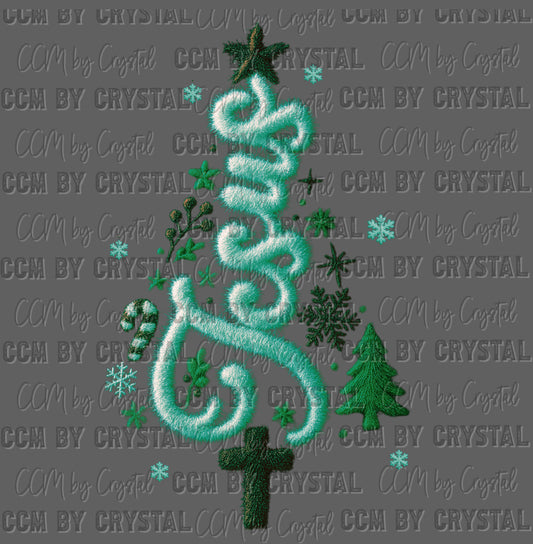 Jesus Blue Christmas Tree Faux Fake Yarn Ready to Press Transfer Instant Peel DTF Transfer Sublimation Transfer