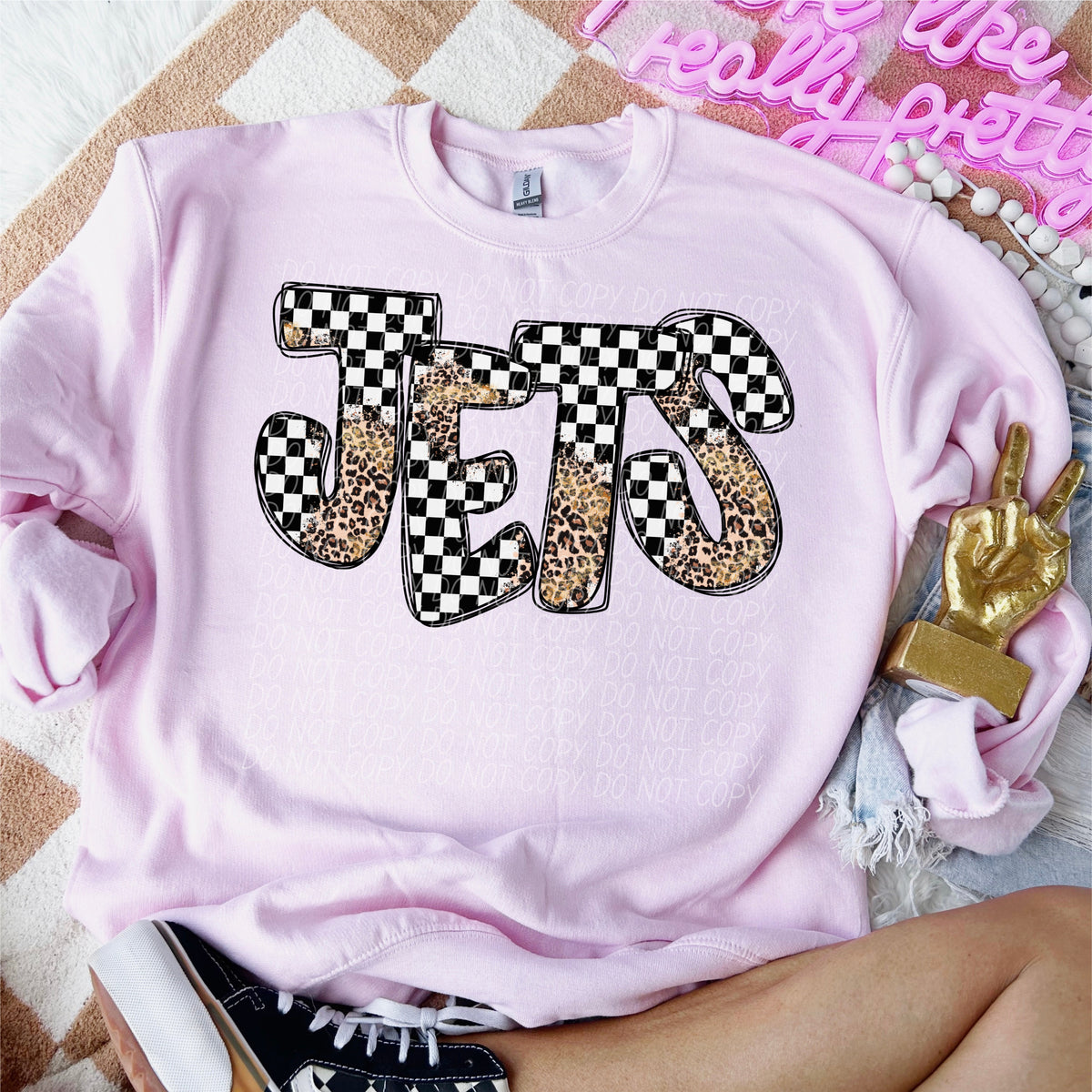 Jets Mascot Checkered Leopard Ready to Press DTF Transfers Sublimation Transfers