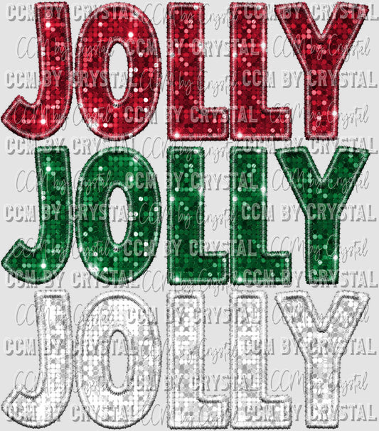 Jolly Stacked Christmas Winter Faux Sequins Faux Embroidery Ready to Press Transfer