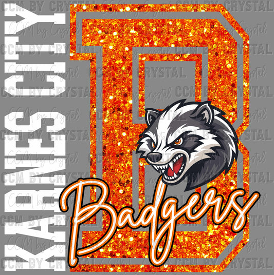 Karnes City Badgers Faux Glitter Ready to Press Instant Peel DTF Transfers