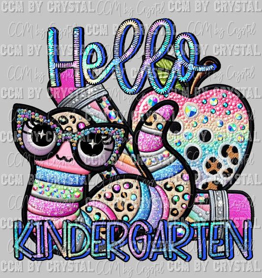 Back to School Hello Kindergarten Faux Rhinestone Effect Ready to Press Transfer DTF Transfer Sublimation Transfer