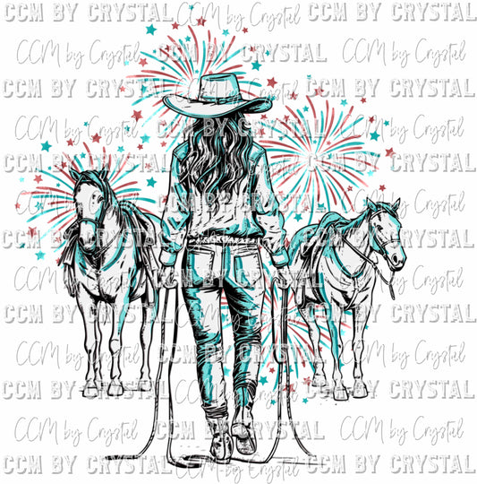 Let Freedom Ring Cowgirl Pocket Sleeve Fireworks Fourth of July Patriotic Western  Ready to Press Transfer