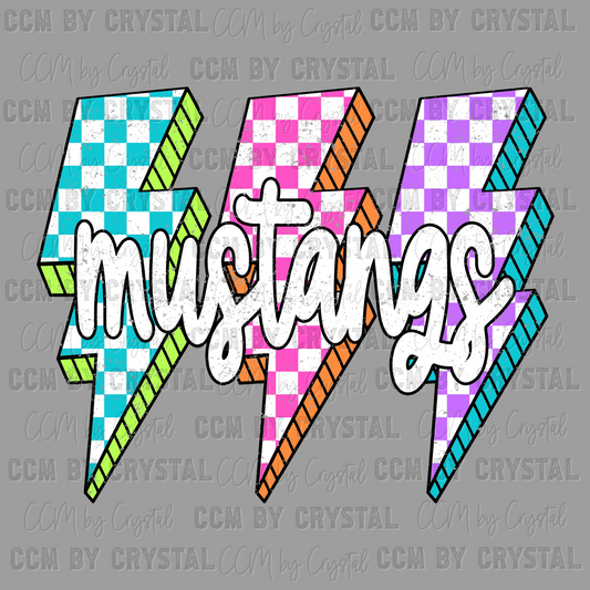 Colorful Lightning Bolts Mustangs Mascot Ready to Press Transfer DTF Transfer Sublimation Transfer