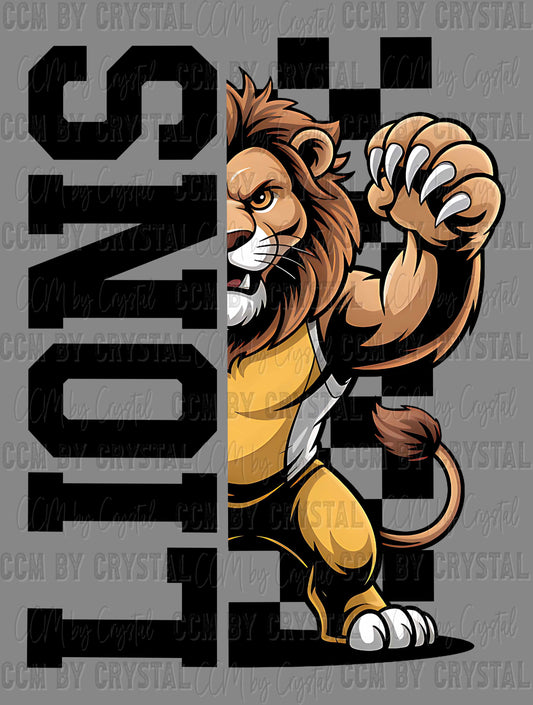 Lions Checkered Sports Mascot Ready to Press Transfer DTF Transfer Sublimation Transfer