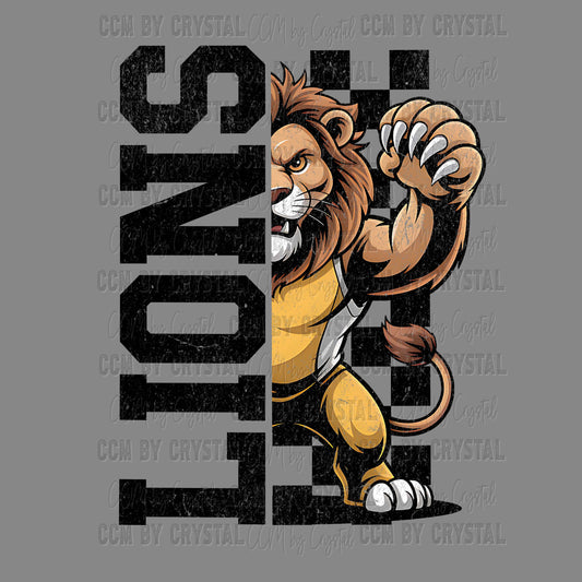 Lions Grunge Checkered Sports Mascot Ready to Press Transfer DTF Transfer Sublimation Transfer