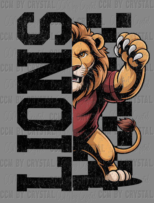 Lions Maroon Grunge Checkered Sports Mascot Ready to Press Transfer DTF Transfer Sublimation Transfer