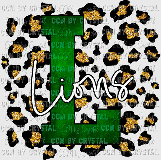 Lions Green L with Gold Leopard Background Mascot PNG Digital File ONLY