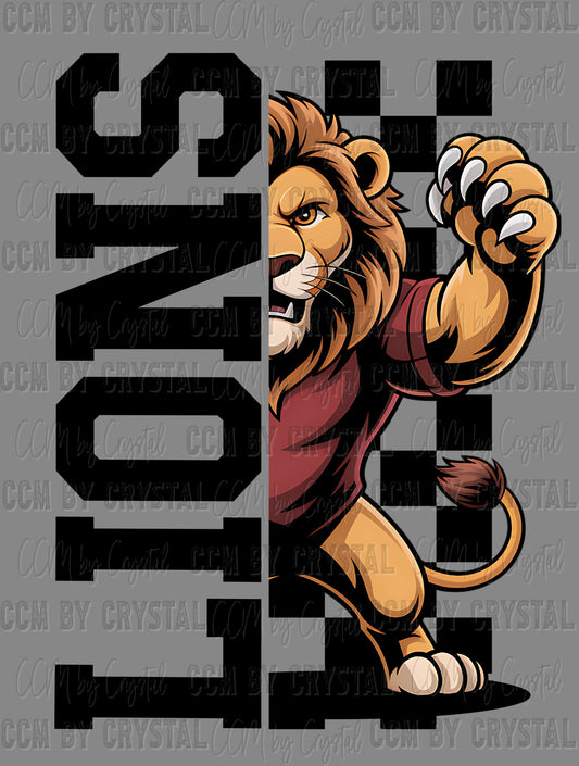 Lions Maroon Checkered Sports Mascot Ready to Press Transfer DTF Transfer Sublimation Transfer