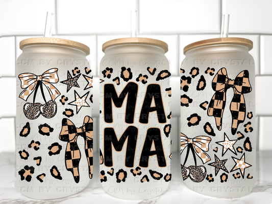 Mama Leopard Checkered Cherries UV Transfer 16oz Libby Glass Can Wrap Ready to Apply