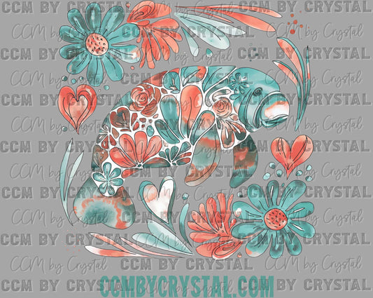 Manatee Floral Summer Ready to Press Transfer DTF Transfer Sublimation Transfer