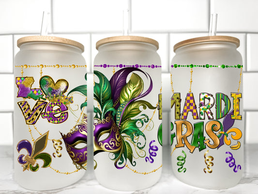 Mardi Gras UV DTF Transfer 16oz Libby Glass Can Wrap Ready to Apply