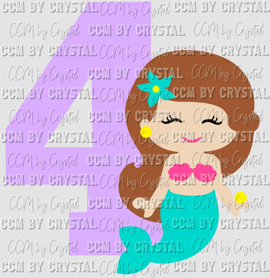 Mermaid with 4 Birthday Ready to Press Transfer