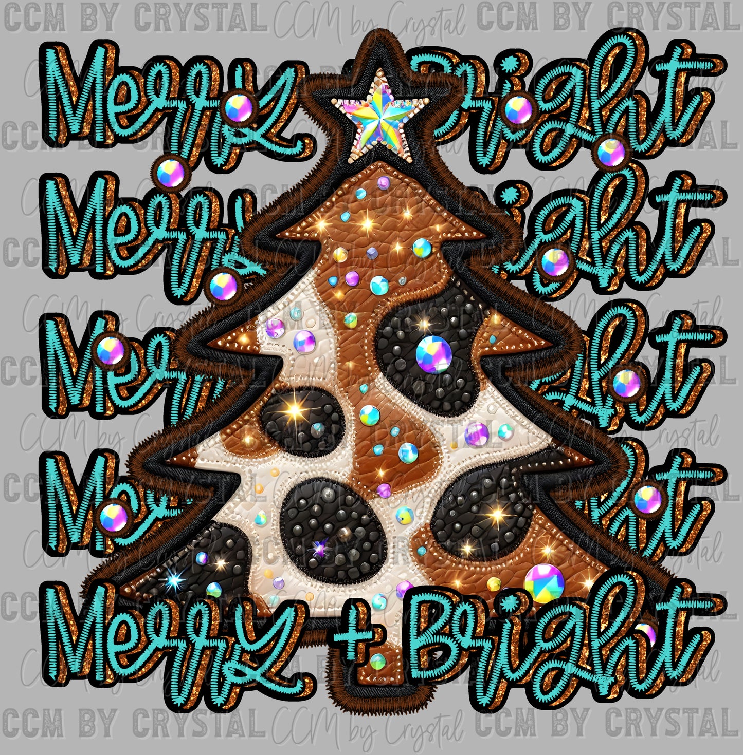Merry and Bright Christmas Tree Faux Rhinestone Effect Ready to Press Transfer DTF Transfer Sublimation Transfer