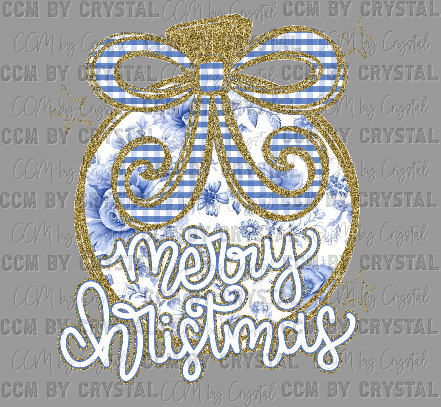 Merry Christmas Floral Blue Faux Glitter Ready to Press Transfer DTF Transfer Sublimation Transfer
