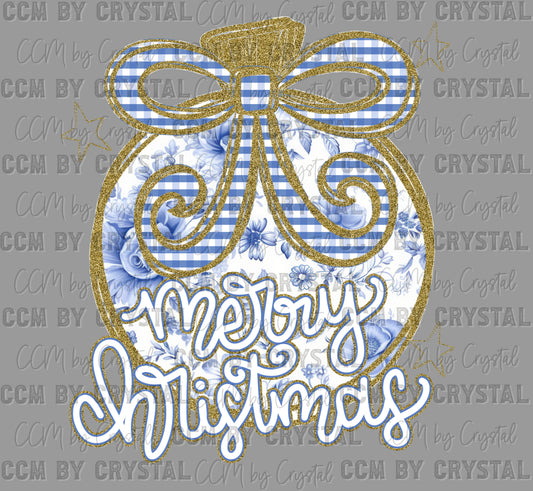 Merry Christmas Floral Blue Faux Glitter Ready to Press Transfer DTF Transfer Sublimation Transfer