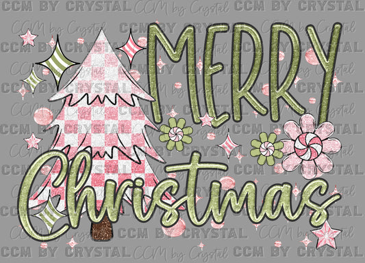Merry Christmas Pink Green Faux Glitter Ready to Press Transfer DTF Transfer Sublimation Transfer