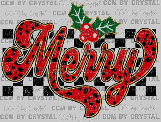 Checkered Merry Christmas Faux Glitter Ready to Press Transfer DTF Transfer Sublimation Transfer