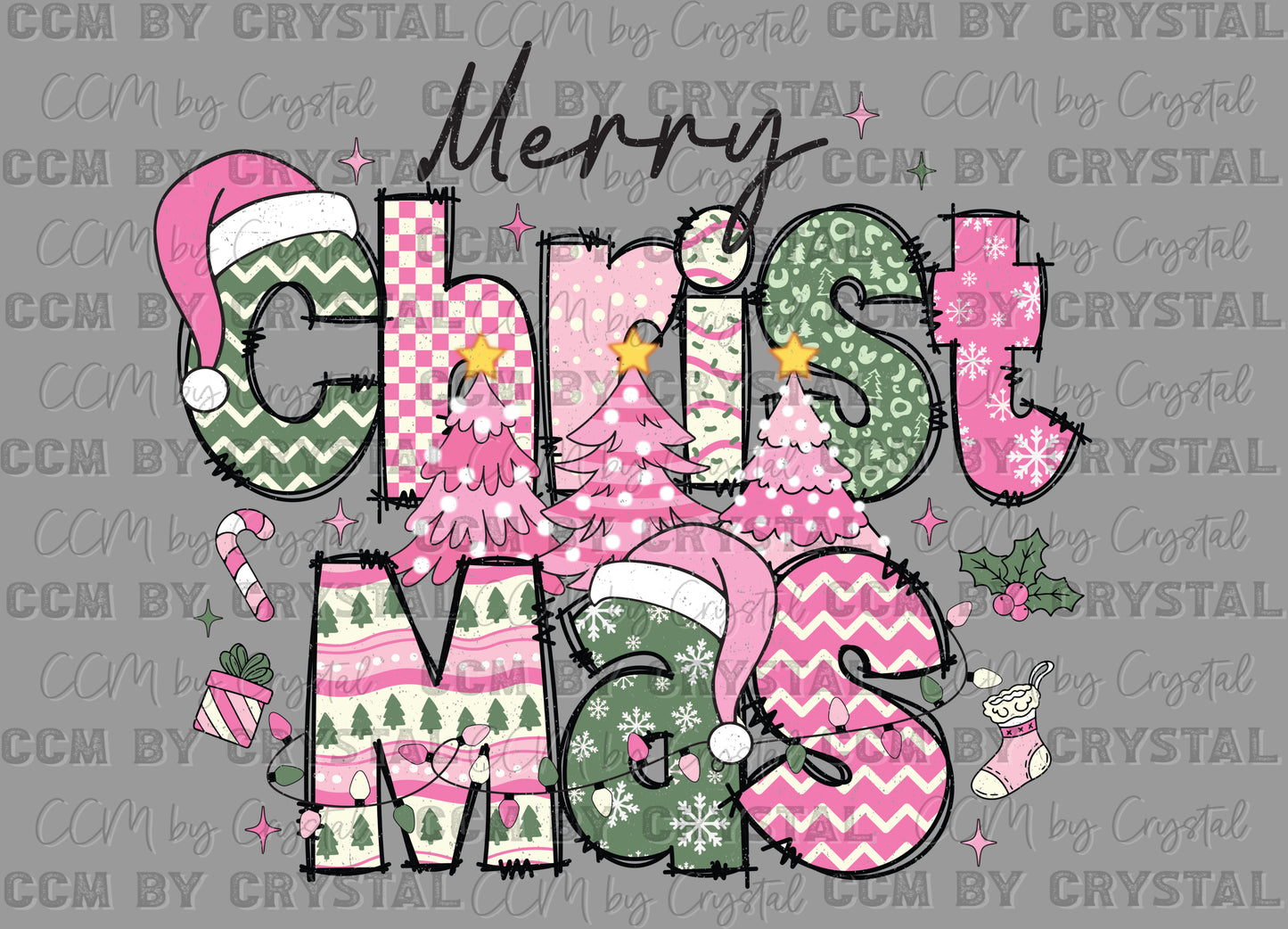 Merry Christmas Green and Pink Ready to Press Transfer DTF Transfer Sublimation Transfer