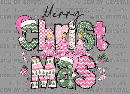 Merry Christmas Green and Pink Ready to Press Transfer DTF Transfer Sublimation Transfer