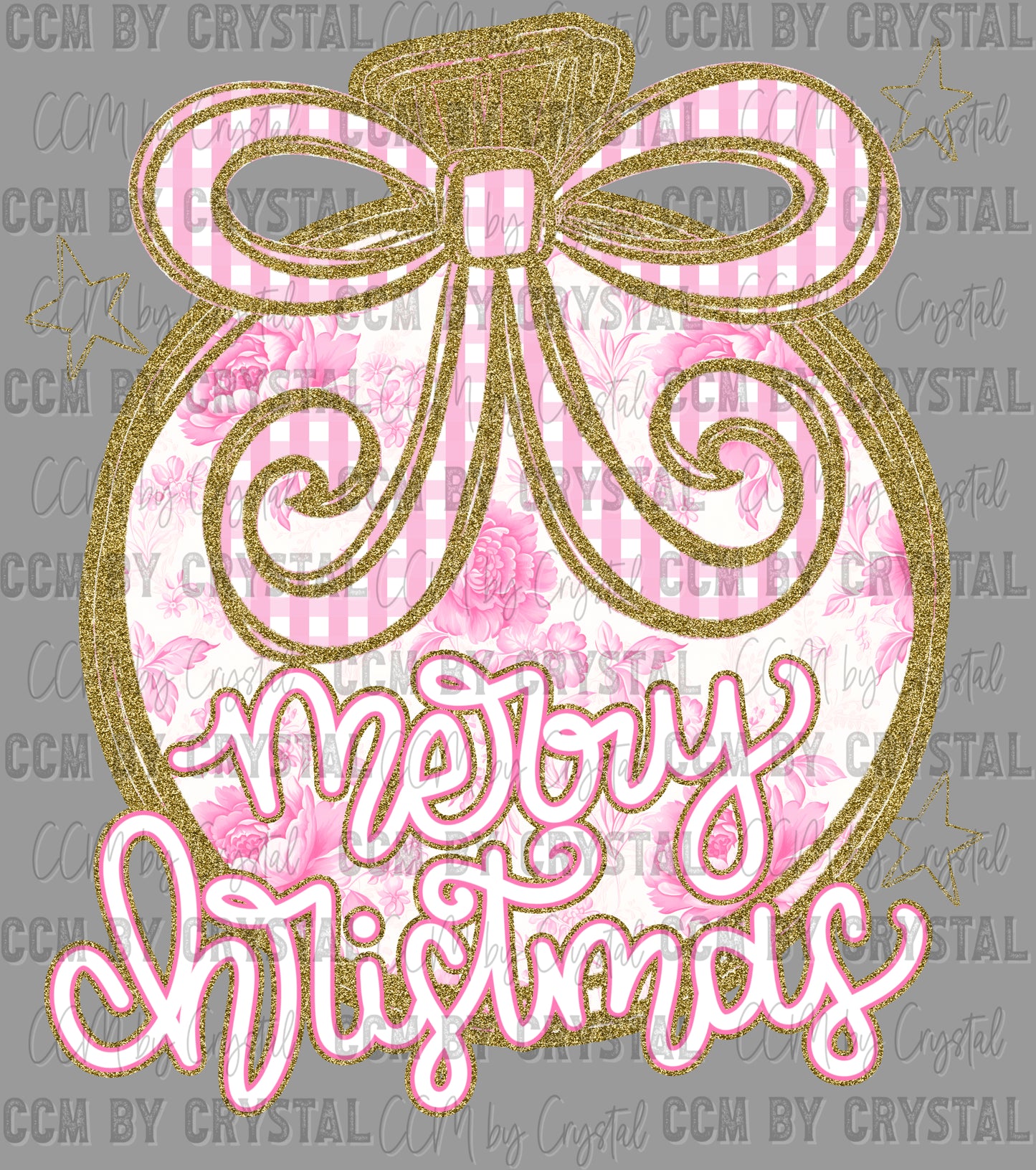 Merry Christmas Floral Pink Faux Glitter Ready to Press Transfer DTF Transfer Sublimation Transfer