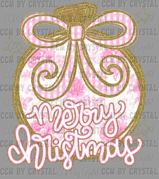 Merry Christmas Floral Pink Faux Glitter Ready to Press Transfer DTF Transfer Sublimation Transfer