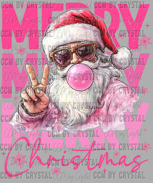 Merry Christmas Pink Santa with Bubblegum Ready to Press Transfer DTF Transfer