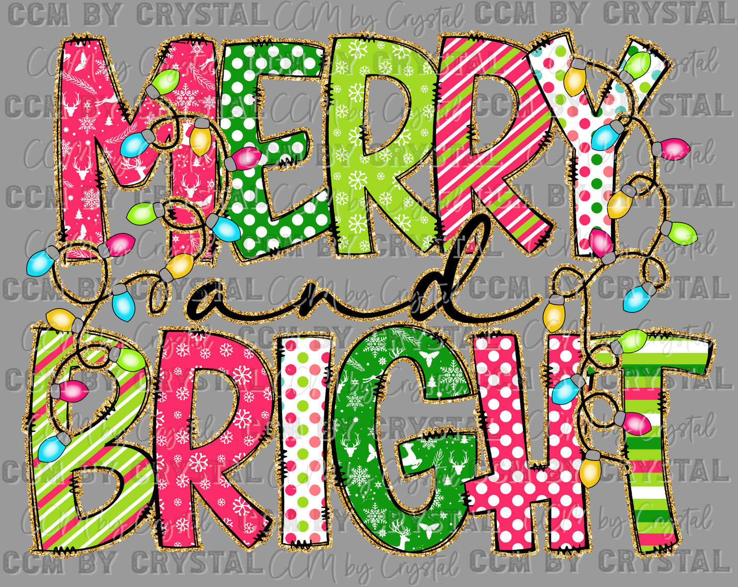Merry and Bright Faux Glitter Christmas Ready to Press Transfer DTF Transfer Sublimation Transfer